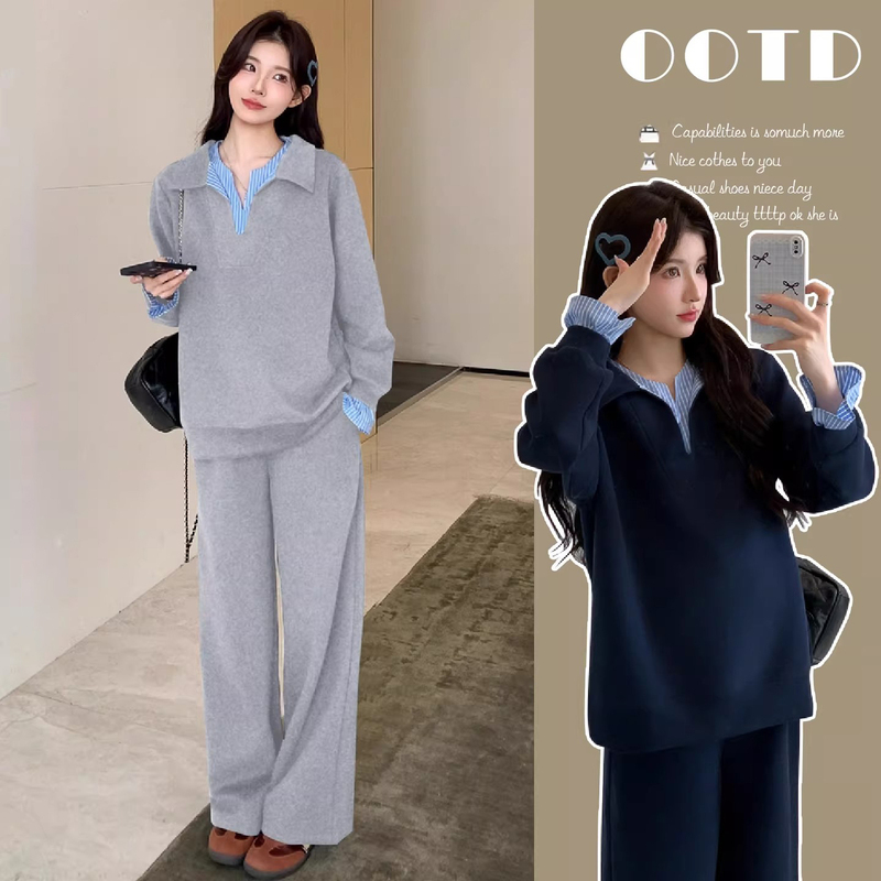 French Uamtor Maternity Set, New Spring and Autumn Fashion Stylish V-Neck Sweatshirt and Pure Cotton Pants Two-Piece Set