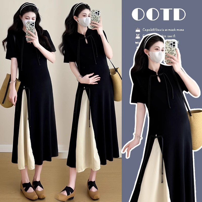 French Uamtor Maternity Dress, Summer New Chinese Style Waist-Cinching Retro Slimming National Style Slit Nursing Dress French Uamtor Maternity Dress, Summer New Chinese Style Waist-Cinching Retro Slimming National Style Slit Nursing Dress