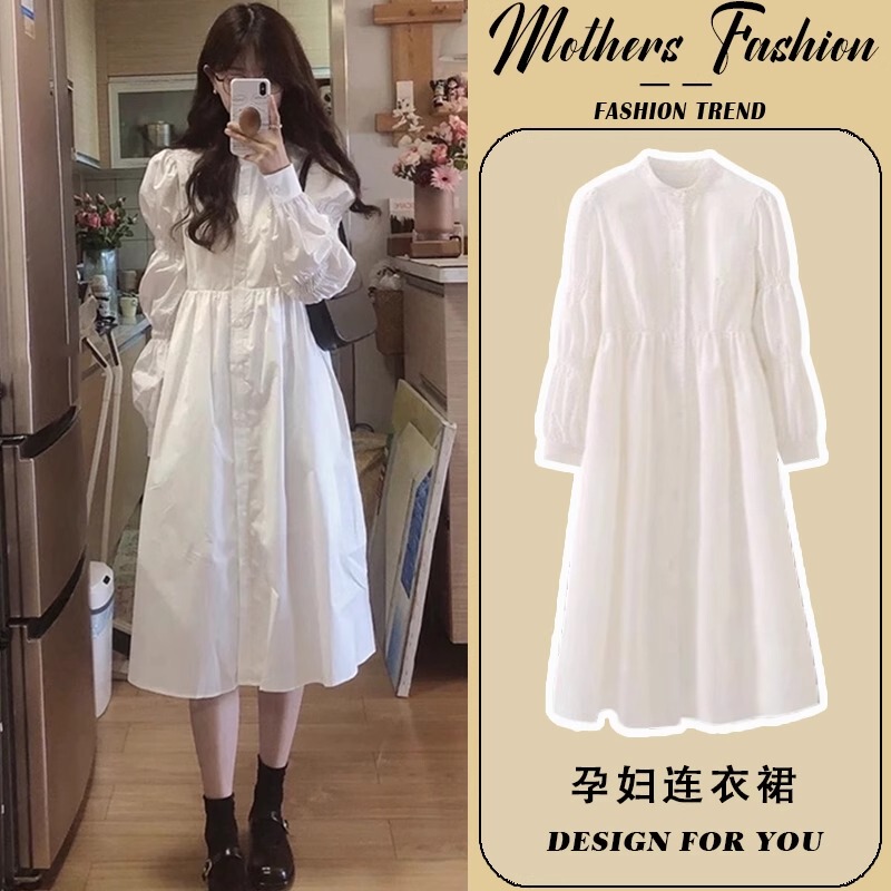 French Uamtor Maternity Dress, New Spring and Autumn Style, White French-Style Shirt Dress, Long-Sleeved, Fresh and Gentle Style