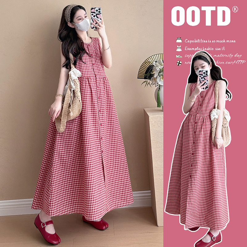 French Uamtor Maternity Dress Summer 2026 New Style Artistic Loose Sleeveless Fashion Set Plaid Dress