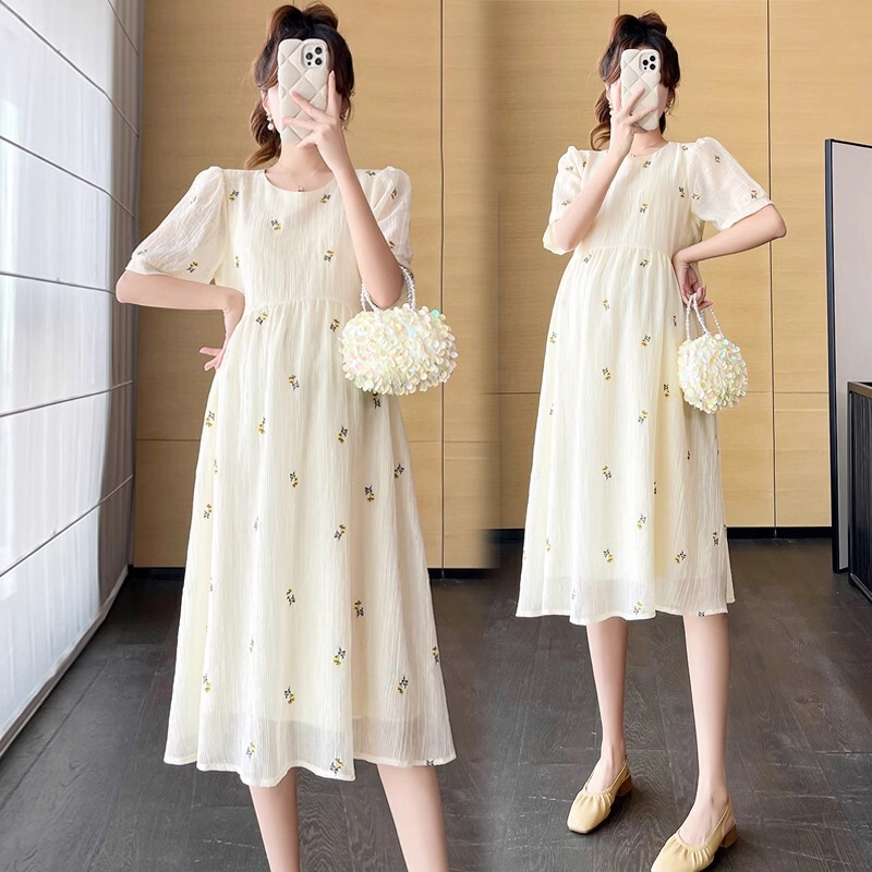 French Uamtor Maternity Dress Mid-Length Summer Age-Reducing Maternity Wear Embroidered Chiffon Round Neck Slimming Dress