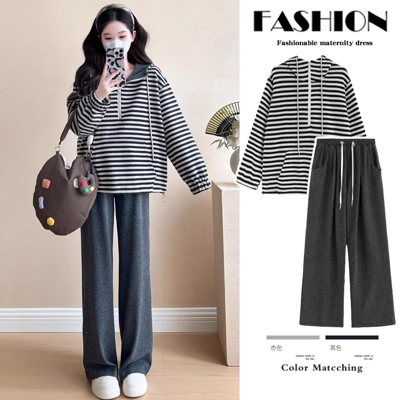 French Uamtor Maternity Suit, New Autumn Style, Fashionable Lazy Style Striped Sweatshirt, Large Size Wide-Leg Pants Two-Piece Set