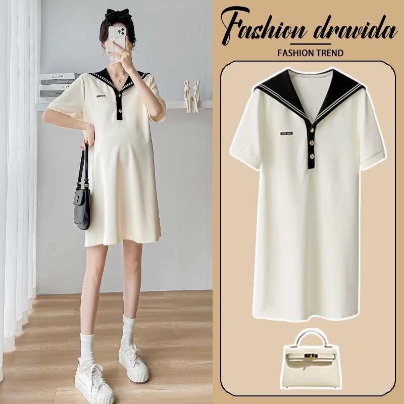 French Uamtor Maternity Dress Summer Navy Collar Tummy-Covering Slimming Fashion Trendy Mom Plus-Size Dress