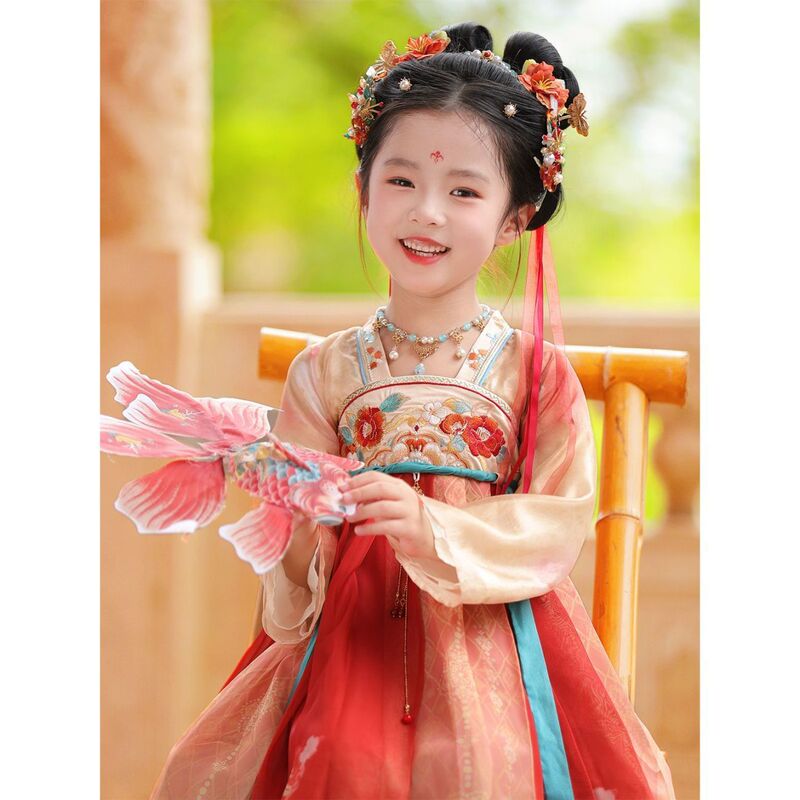 Hanfu for Girls, Tang-Style Children's Ancient-Style Chest-Length Skirt, Ancient Costume, Super Fairy-Like Long-Sleeved Embroidered Dress, Chinese Style, Autumn