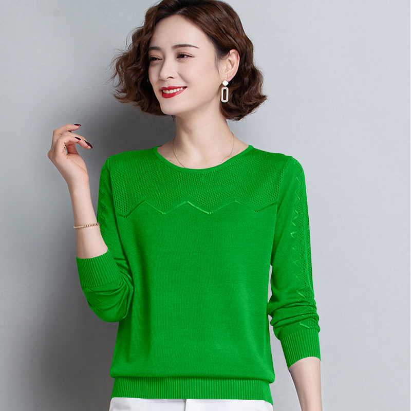 Knitted Sweater for Women, New Style for Mothers, Spring and Autumn Wear, Hollow-Out Round Neck, Long-Sleeved Knitted Base Shirt, Slim-Fitting Top for Women, Trendy