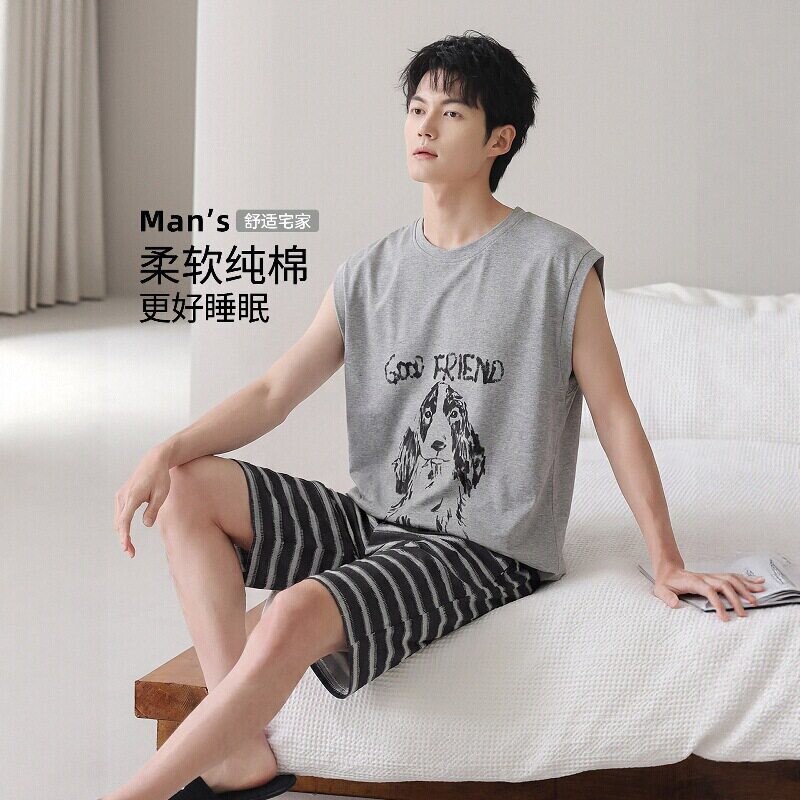 Victoria Pure Cotton Pajamas for Men 2026 New Summer Men's Thin Vest Sleeveless Home Clothes That Can Be Worn Outside Victoria Pure Cotton Pajamas for Men 2026 New Summer Men's Thin Vest Sleeveless Home Clothes That Can Be Worn Outside