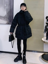 Navy collar three-dimensional dark pattern horn button mid-length black down jacket 2023 autumn and winter new loose coat