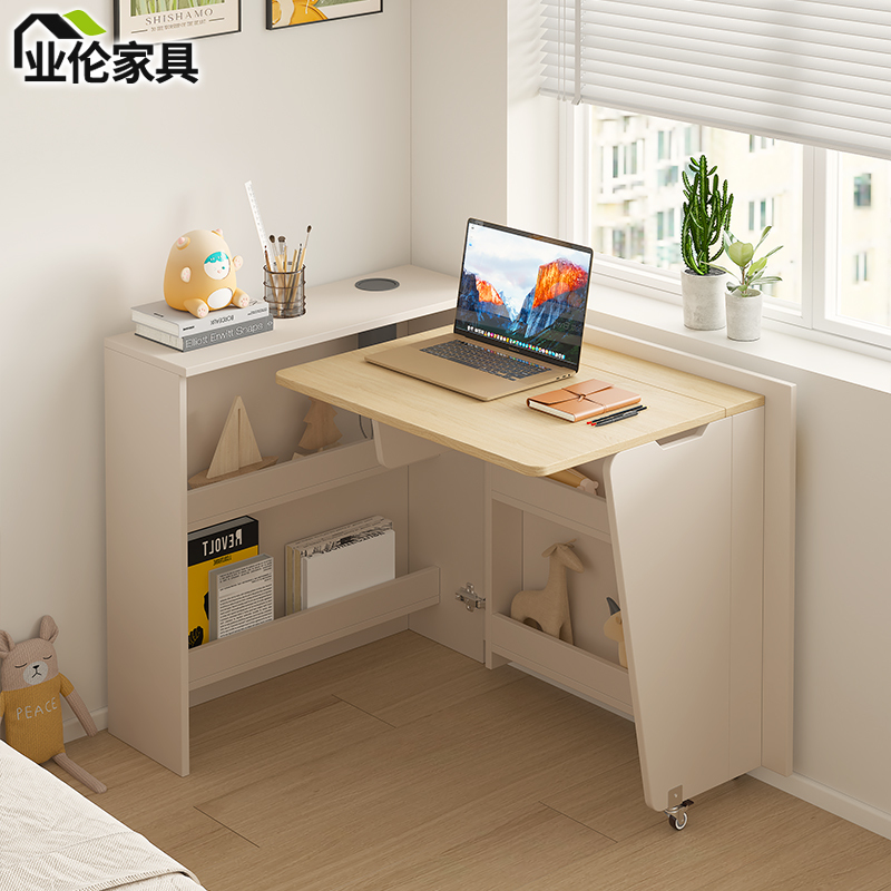 Cream-Style Home Folding Desk and Bookshelf Integrated Corner Desk with Hidden Combination for Small Apartments Bedside Table 3F67 Cream-Style Home Folding Desk and Bookshelf Integrated Corner Desk with Hidden Combination for Small Apartments Bedside Table 3F67