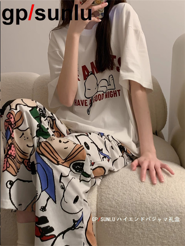 Japanese Gp Pure Cotton Pajamas for Women, New Summer Style, Cute Cartoon Short-Sleeved Long Pants, Can Be Worn Outside, Girl's Home Wear Set