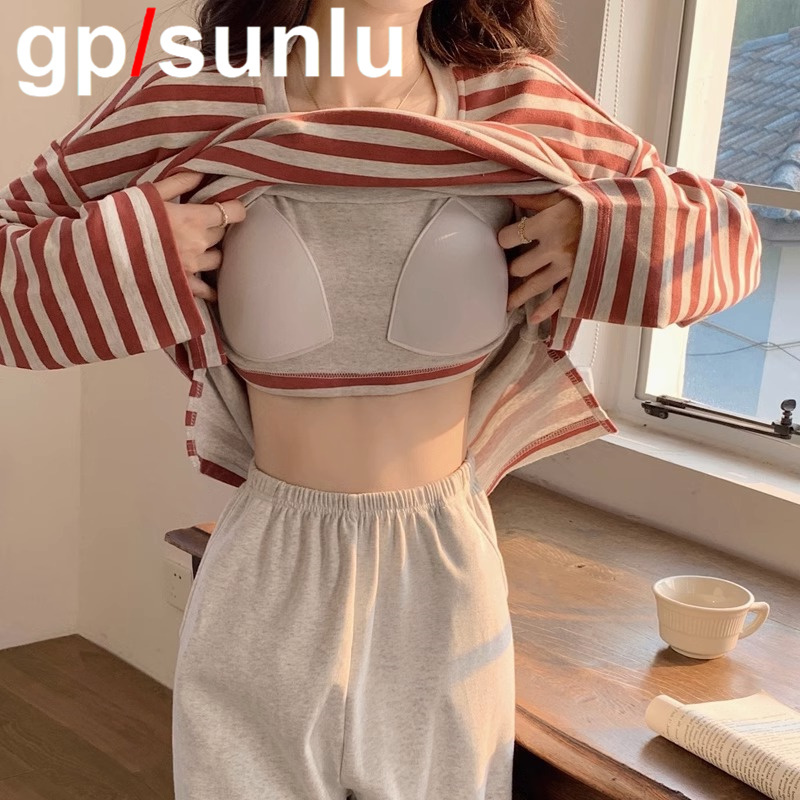 Japanese Niche Gp Striped Pajamas for Women, Spring and Autumn, Pure Cotton, Long-Sleeved with Chest Pads, Korean Style Sweet Loungewear Two-Piece Set