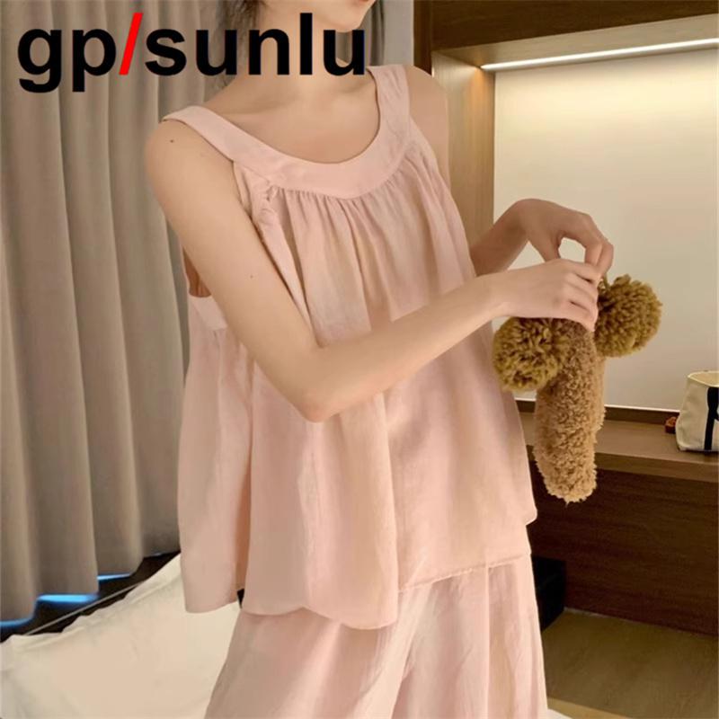 Japanese Gp Pure Cotton Pajamas for Women, Summer Thin Style, Casual Loose Sweet Camisole and Long Pants, Can Be Worn Outside, Loungewear Set