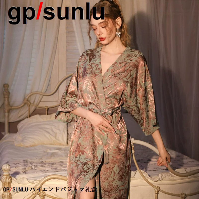 Japanese Gp Ice Silk Nightgown for Women, Summer Chinese Style Long Lace-Up Bathrobe, High-End Sexy Silk Loungewear