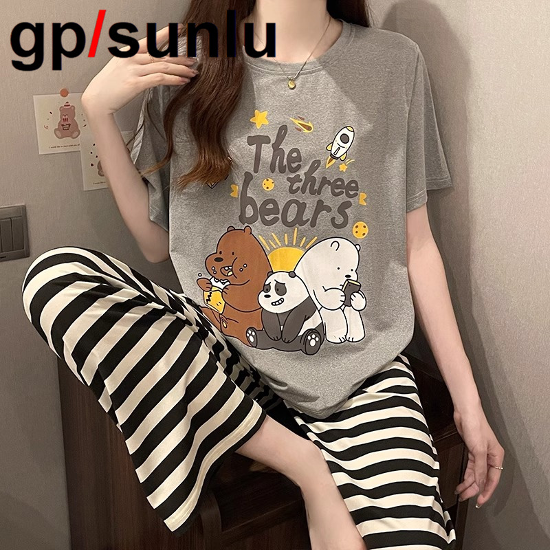 Japanese Gp Pure Cotton Pajamas for Women, Spring and Summer Short-Sleeved Long Pants, Cute Cartoon Thin Style, Can Be Worn Outside, Home Wear Set