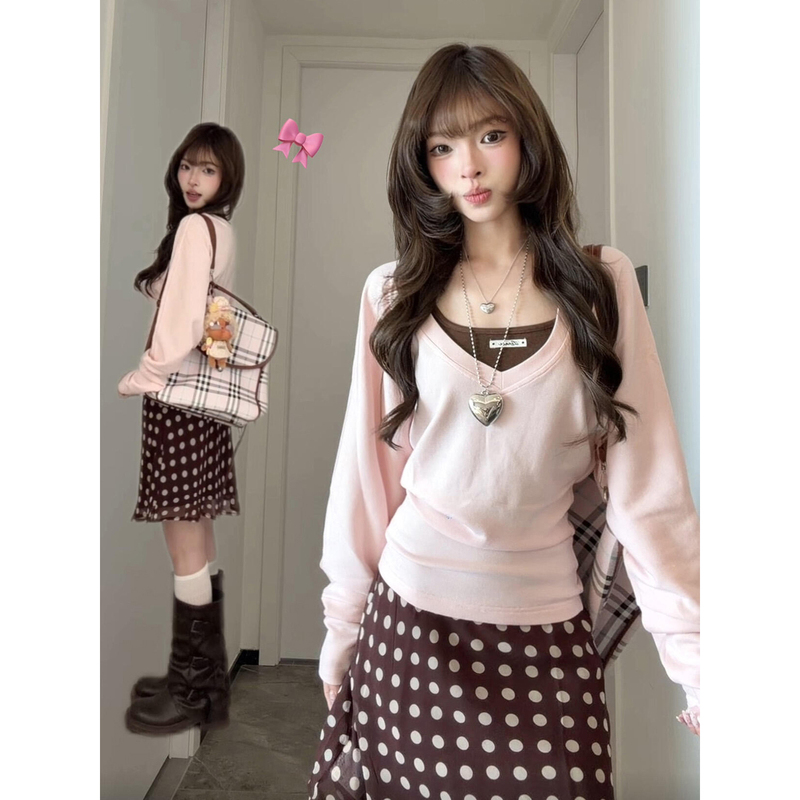 Korean Style Lazy and Mature Outfit for Women, Early Autumn Pink Long-Sleeved Top with Polka Dot Pencil Skirt, Complete Set