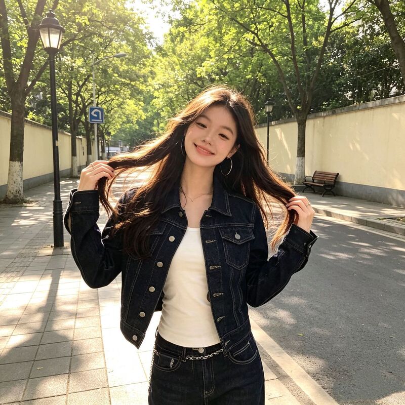 Retro Preppy Style Polo Collar Denim Jacket for Women, Korean Style Loose Short Jacket, Daily Wear, Slimming Top, Trendy