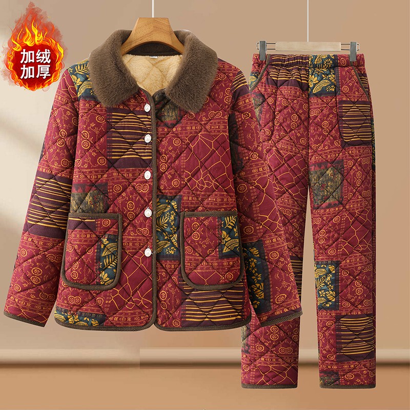 Mom's Winter Cotton-Padded Clothes and Pants, Fleece-Lined and Thickened for Warmth, Floral Home Cotton Clothing for Middle-Aged and Elderly Women, Fashionable Cotton Jacket