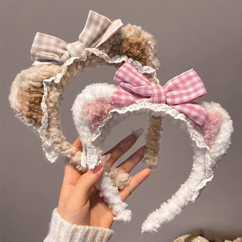 Bow-knot bear ear plush headband for women, face washing hair clip, lace headband, children's hair clip, cute hair tie head accessory