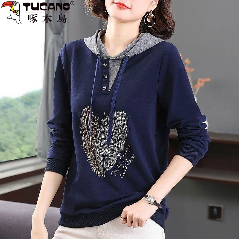 Woodpecker Genuine 2025 Spring New Color-Blocked Hooded Sweatshirt for Women, Casual Korean Style Slimming Long-Sleeve Top, Trendy