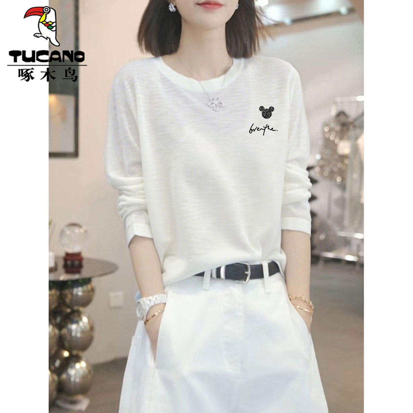 啄木鸟正品夏季新款长袖t恤女圆领薄款上衣2026年棉质潮流设计感
