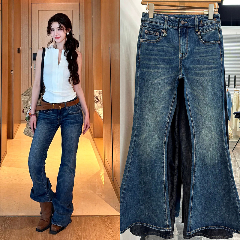 Early Autumn R13 Style Retro American Low-Waisted Flared Jeans for Women, Slim Fit, Distressed, Floor-Length Pants, Versatile