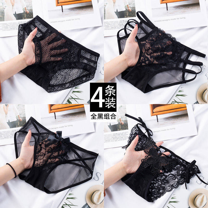 2 4-pack sexy panties women seamless lace transparent mesh low waist panties women hollow briefs pure cotton crotch