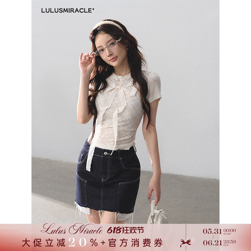 Lulusmiracle【Waiting for You after Class】Girlish Bow-Knot Mesh Short-Sleeved Top and Denim Skirt Set Lulusmiracle【Waiting for You after Class】Girlish Bow-Knot Mesh Short-Sleeved Top and Denim Skirt Set