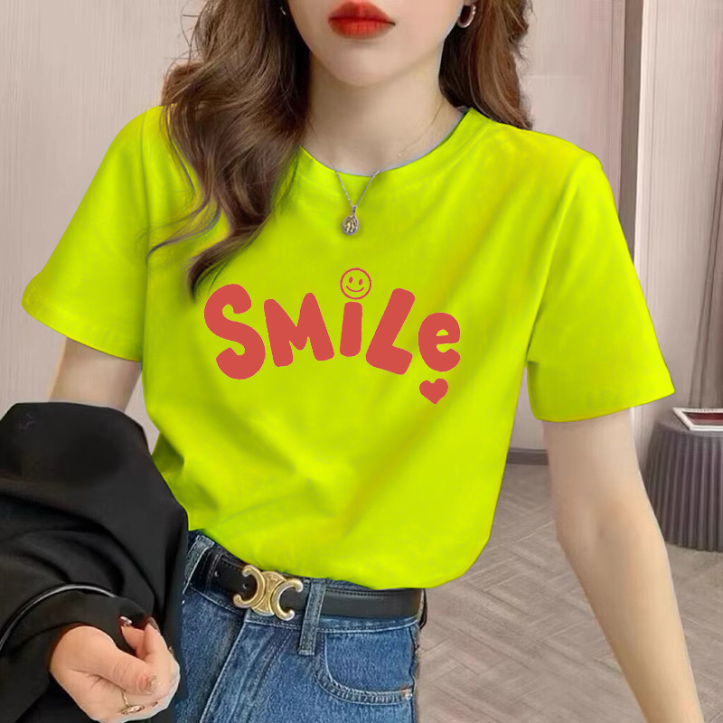 Fluorescent Green Short-Sleeved T-Shirt for Women, Pure Cotton, 2026 New Summer European Style, Slim Fit, Regular Shoulder, Round Neck Top, Versatile T-Shirt
