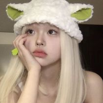 Nonos room Ranch series original autumn and winter plush lamb cute sheep ear hat fisherman hat mens and womens hat black