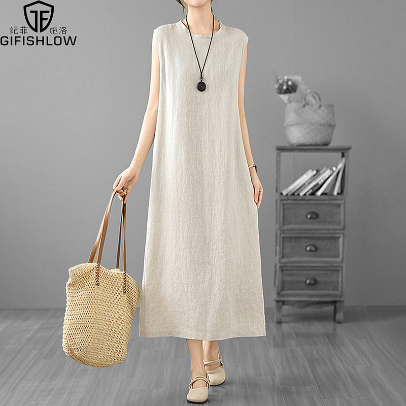 Gifishlow Hong Kong International Light Luxury Artistic Linen Dress Summer Plus Size Cotton Silk Straight Skirt for Women