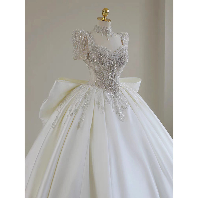 Французское свадебное платье в стиле ретро bride 2024, новинка весны и лета, мелкая основная пряжа, высококачественная текстура, шлейфовое платье для тяжелой промышленности