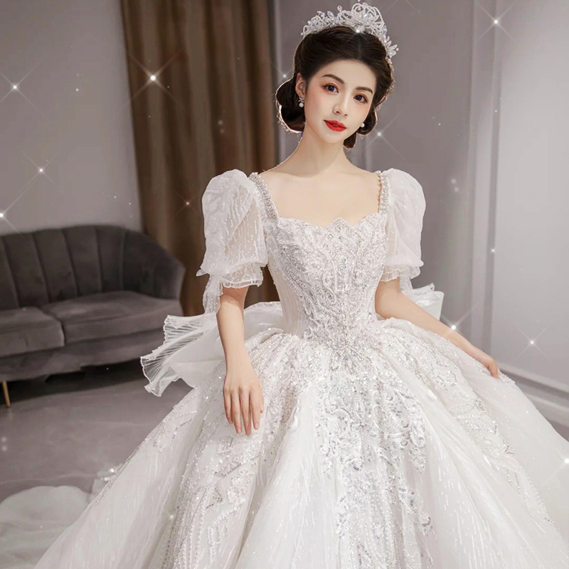 Wedding main gauze 2024 new bride small luxury big drag bubble sleeve female heavy worker summer large size fat MM