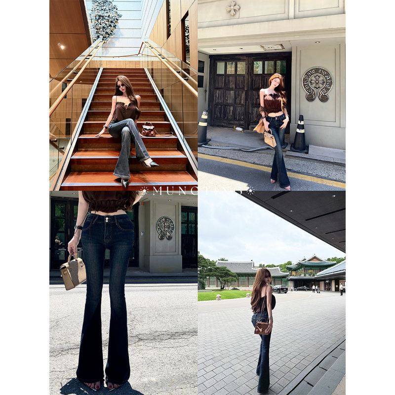 Chan Chen Mengting [Comic Long Legs] Retro American Style Washed Flared Jeans for Women, Slimming Bell-Bottom Pants