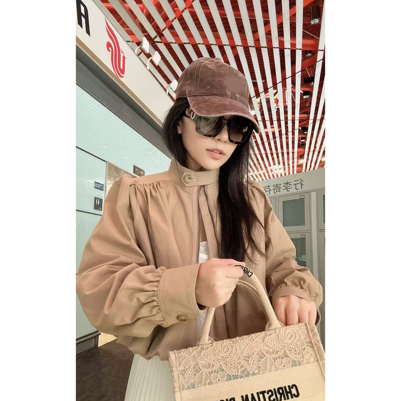 Mayasister Brand Mayasistera569 Khaki Shoulder-Padded Zip-Up Stand-Collar Jacket
