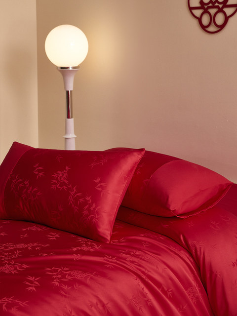 100S long velvet cotton wedding four-piece set red bamboo jacquard pure cotton quilt cover bed sheet full cotton quilt bedding