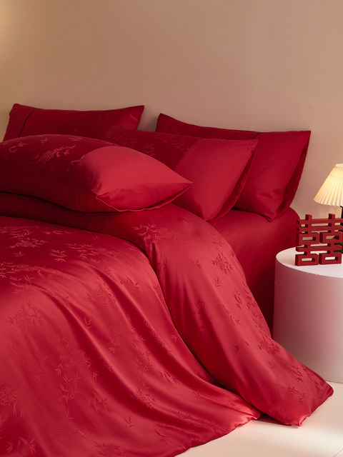 100S long velvet cotton wedding four-piece set red bamboo jacquard pure cotton quilt cover bed sheet full cotton quilt bedding
