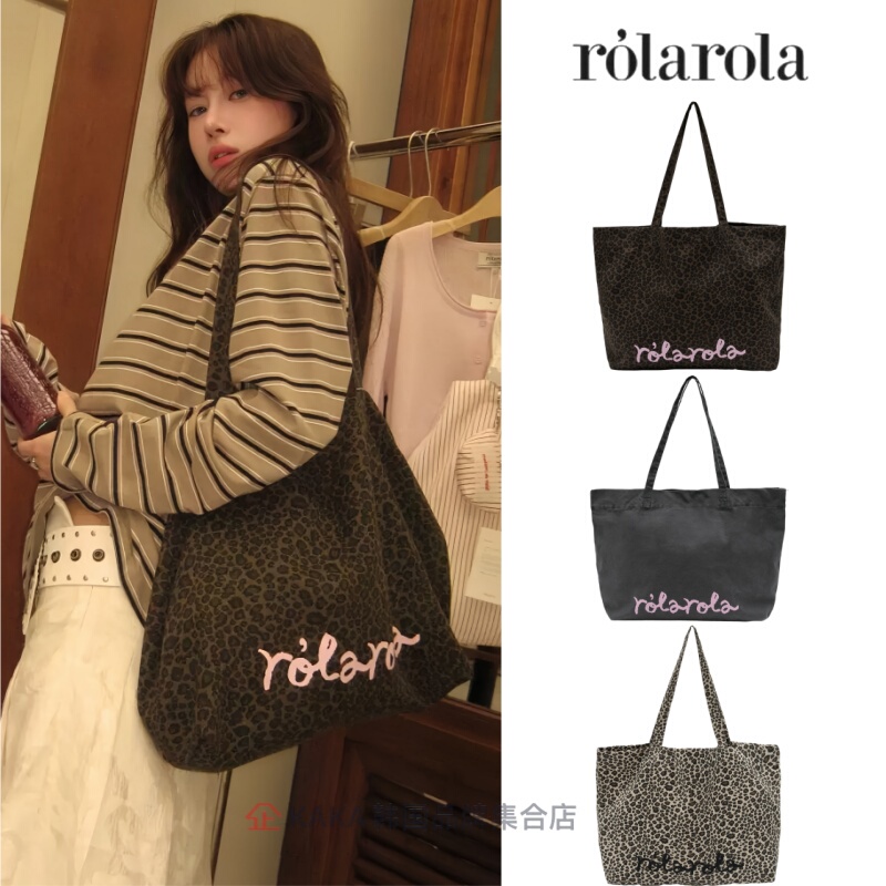 [Authentic] Korean Rolarola Leopard Print Canvas Bag, Same Style as Zhang Yuanying, Tote Bag for Commuting, Large Capacity Bag