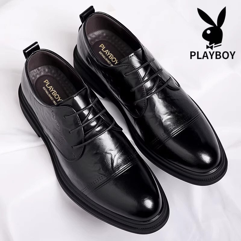 Playboy Men's Shoes Spring New Men's Leather Shoes with 6cm Height Increase Groom Wedding Shoes Trendy Korean Style Shoes for Men