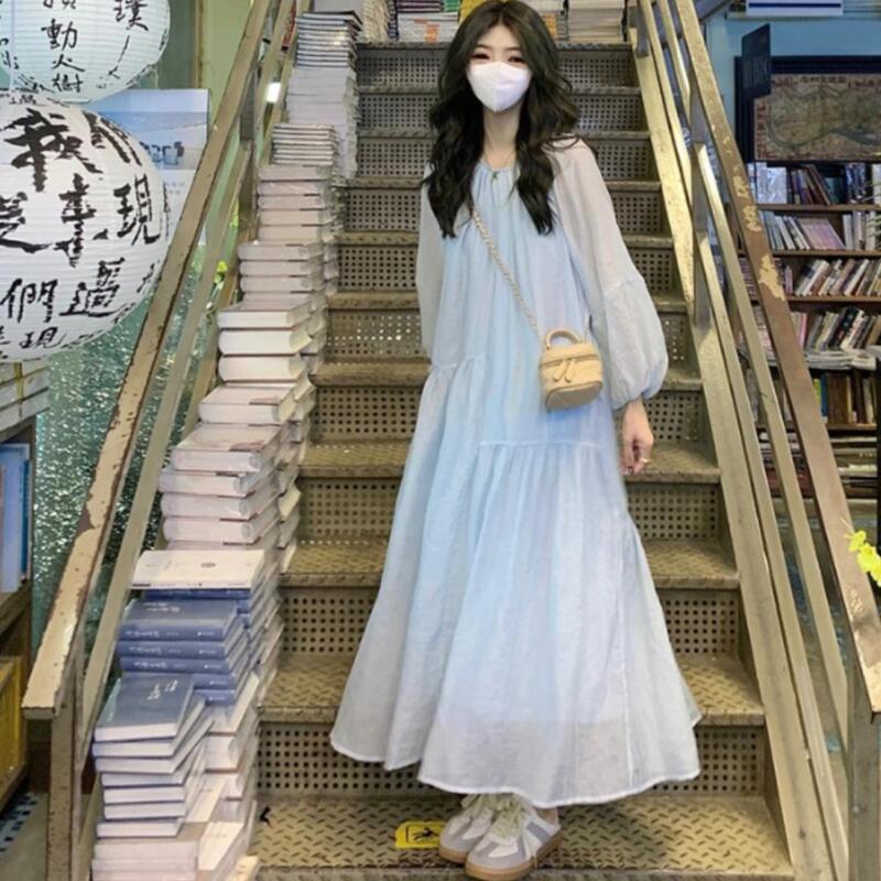 French Style Lazy Style Glacier Blue Lantern Sleeve Dress for Women Autum 2024 New Loose Asymmetrical Splicing Long Skirt French Style Lazy Style Glacier Blue Lantern Sleeve Dress for Women Autum 2024 New Loose Asymmetrical Splicing Long Skirt
