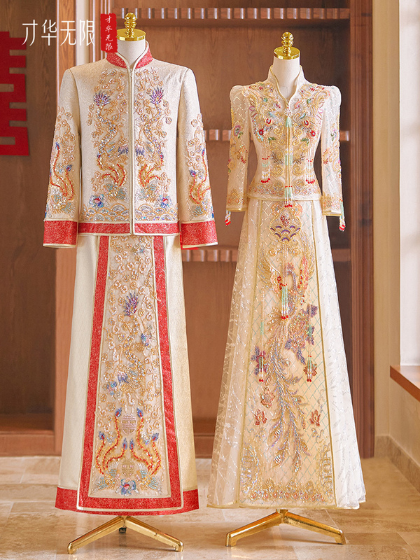 Champagne Xiuhe Wedding Dress 2024 New Chinese Style Wedding Gown Bride Wedding Outfit Men and Women Set Couple Style Summer