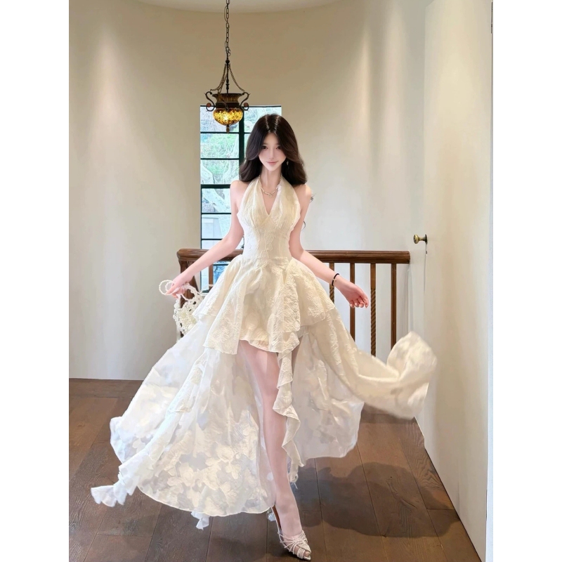 Vacation Fairy-Like Halter Neck Dress with Irregular and Stunning Train, Seaside French-Style Elegant and Flowing Beach Long Dress Vacation Fairy-Like Halter Neck Dress with Irregular and Stunning Train, Seaside French-Style Elegant and Flowing Beach Long Dress