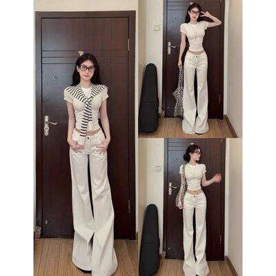 College-style sweet and spicy OOTD outfit set for women, summer slim-fit short T-shirt, wide-leg pants, Spice girl two-piece set, Korean style
