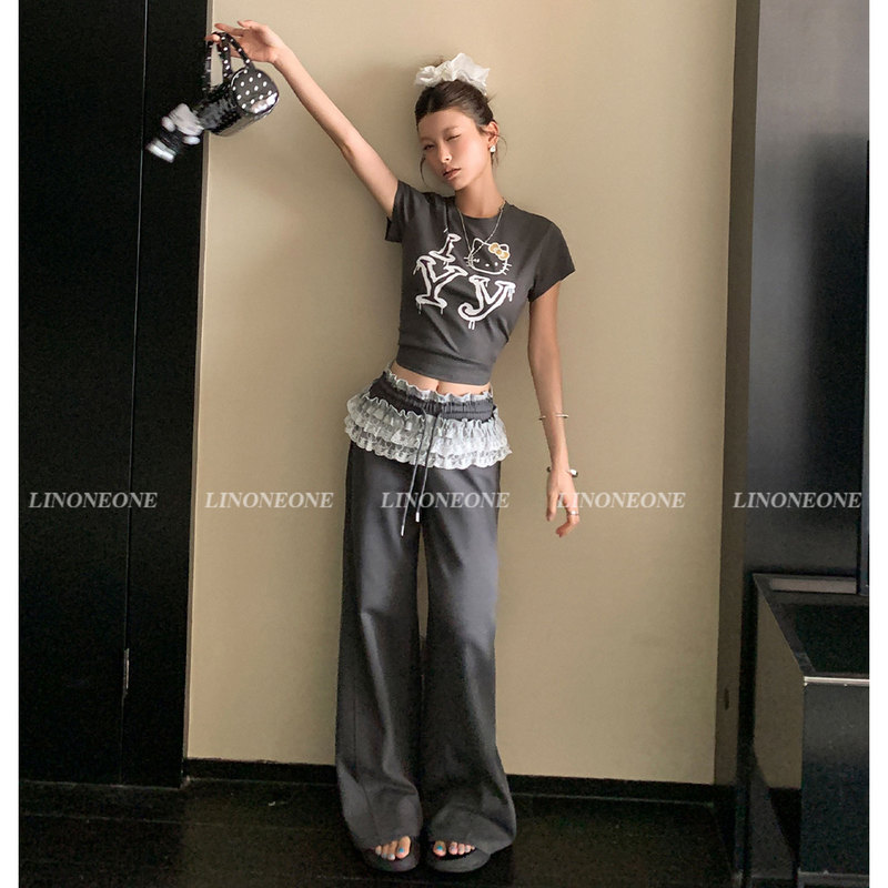 American-Style Sportswear Suit for Women, Summer Fashion, Age-Reducing, Slimming, Regular Shoulder, Short-Sleeved, Wide-Leg Pants, Casual Two-Piece Set