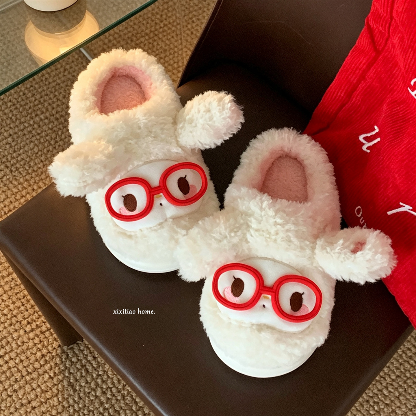 Girly Heart Glasses Rabbit Cotton Slippers for Schoolgirls