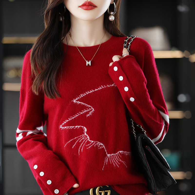 Women's Wool Sweater with Round Neck, Striped College Style, Jacquard Cat Pattern, Loose Long-Sleeve Sweater, Autumn and Winter Soft Cashmere Base Layer