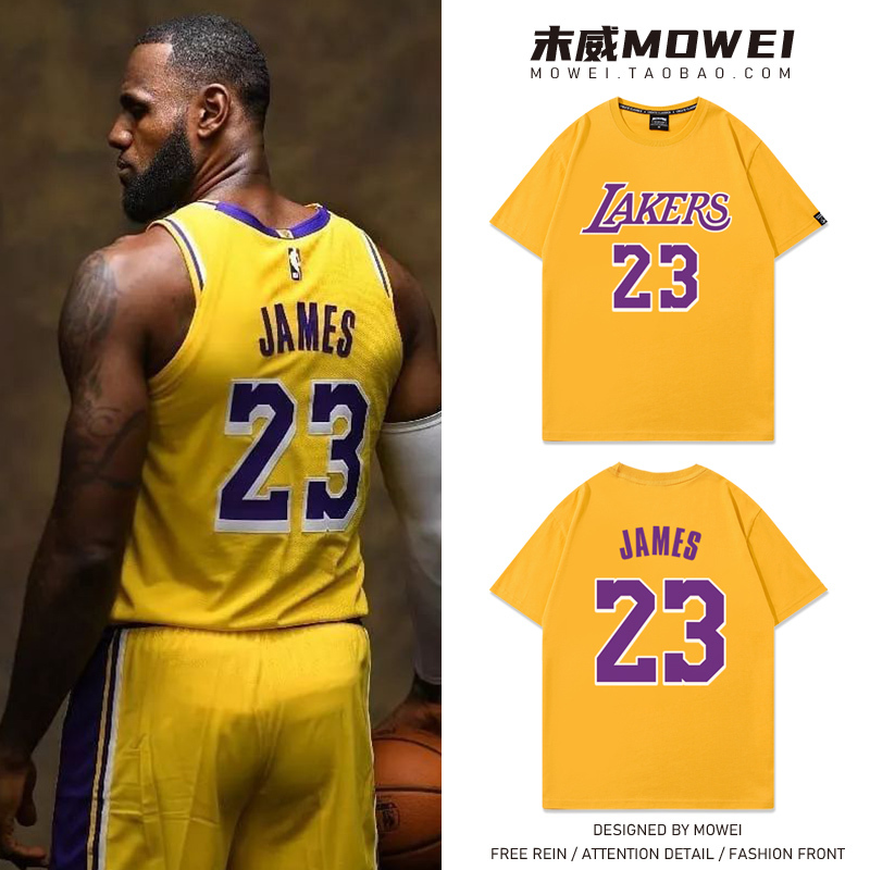 Lakers James Retirement Commemorative No. 23 Purple Gold Jersey Headband James T-Shirt Men's American Casual Training Short-Sleeve