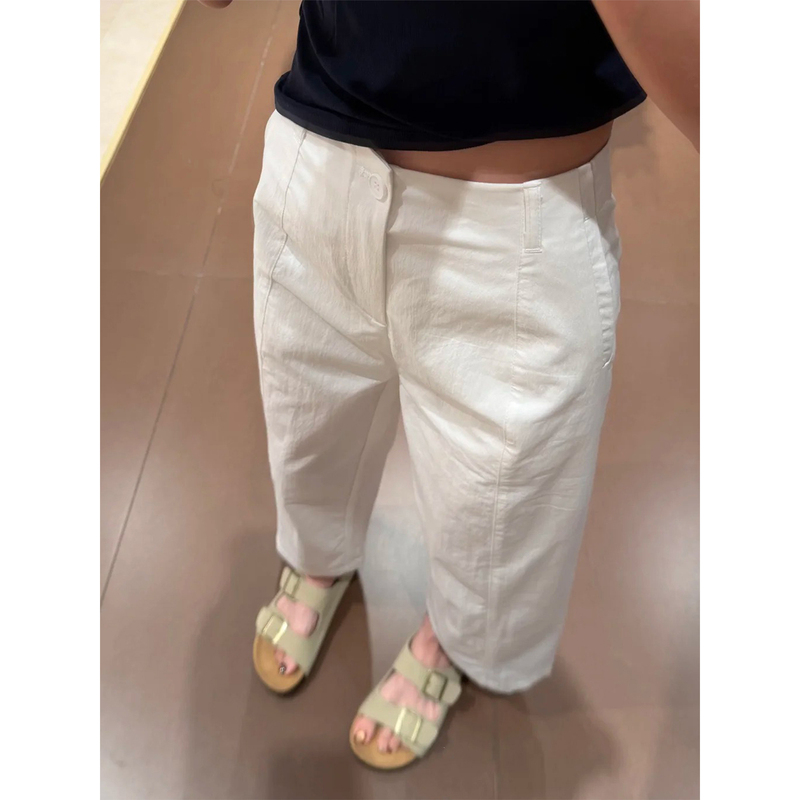 White Cropped Pants for Petite Women, Autumn Outfit Pants, Plus Size, Slimming Wide-Leg Pants, Narrow Straight-Leg Pants