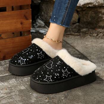 Sequined Furry Snow Boots for Women, Winter 2025 New Style, Slip-On Cotton Boots, Fleece-Lined, Thickened, Warm Cotton Shoes, Trendy