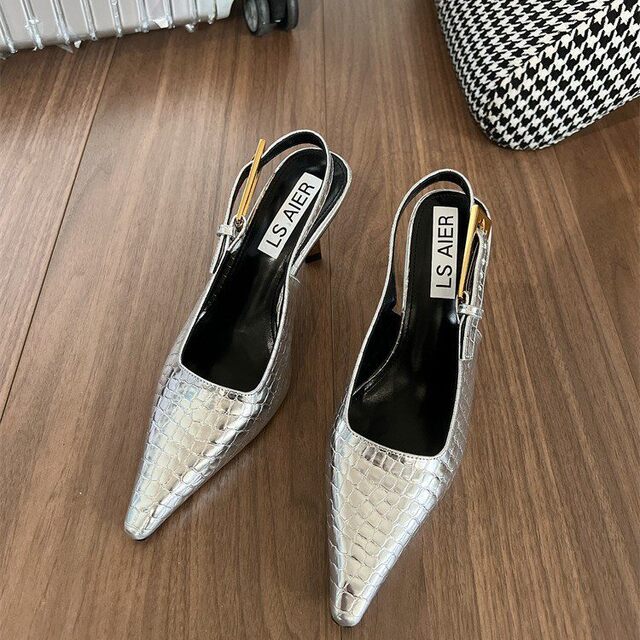 Summer New Patent Leather Crocodile Pattern Sandals, Feminine Stiletto Heels, Small Square Toe, Elegant High Heels, Backless Single Shoes