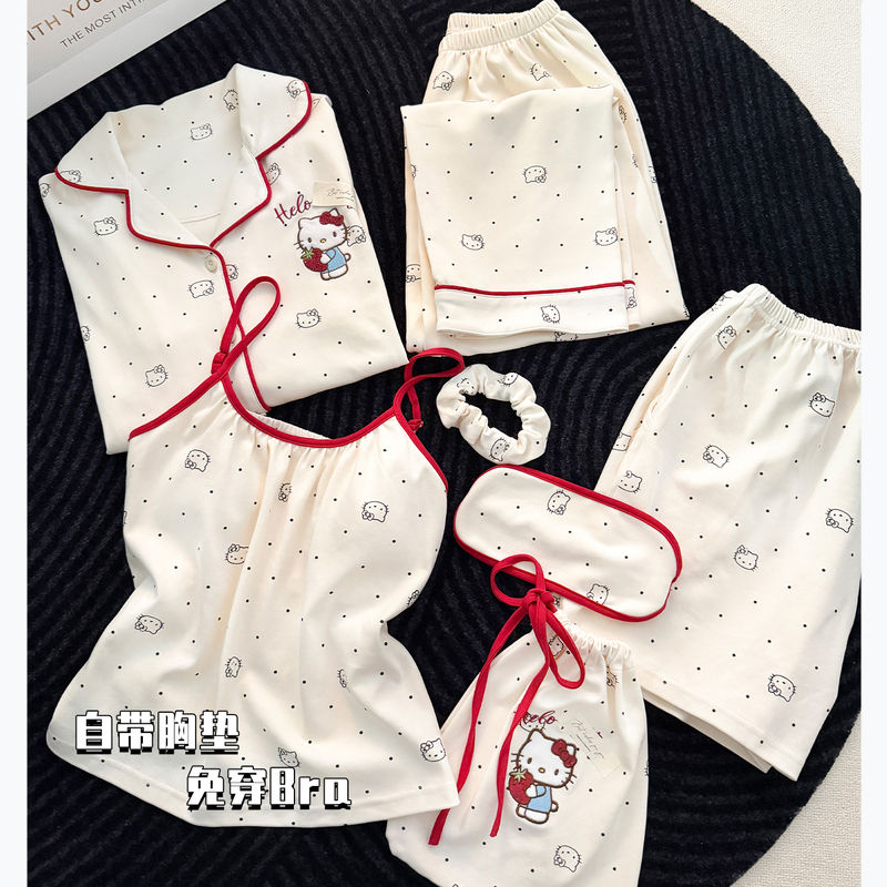 Women's Summer Cotton Cartoon Cat Print Long-Sleeve Pajamas with Chest Pads, Seven-Piece Set, Loose-Fitting Loungewear for Spring and Autumn, Suitable for Wearing Outside