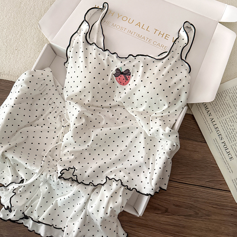 Modal Polka Dot Strawberry Pajamas for Women, Summer with Chest Pads, Sleeveless Camisole, Sweet 2025 New Style Loungewear